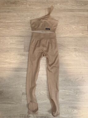 SHEIN Ribbed One-Shoulder Crop Top & High-Waist Leggings Set - Taupe